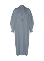 The MONTHLY COLORS : DECEMBER coat by PLEATS PLEASE ISSEY MIYAKE is a long, light gray pleated design with buttons, wide lapels, and loose dolman sleeves, shown against a white background. - STEEL BLUE （no.74）