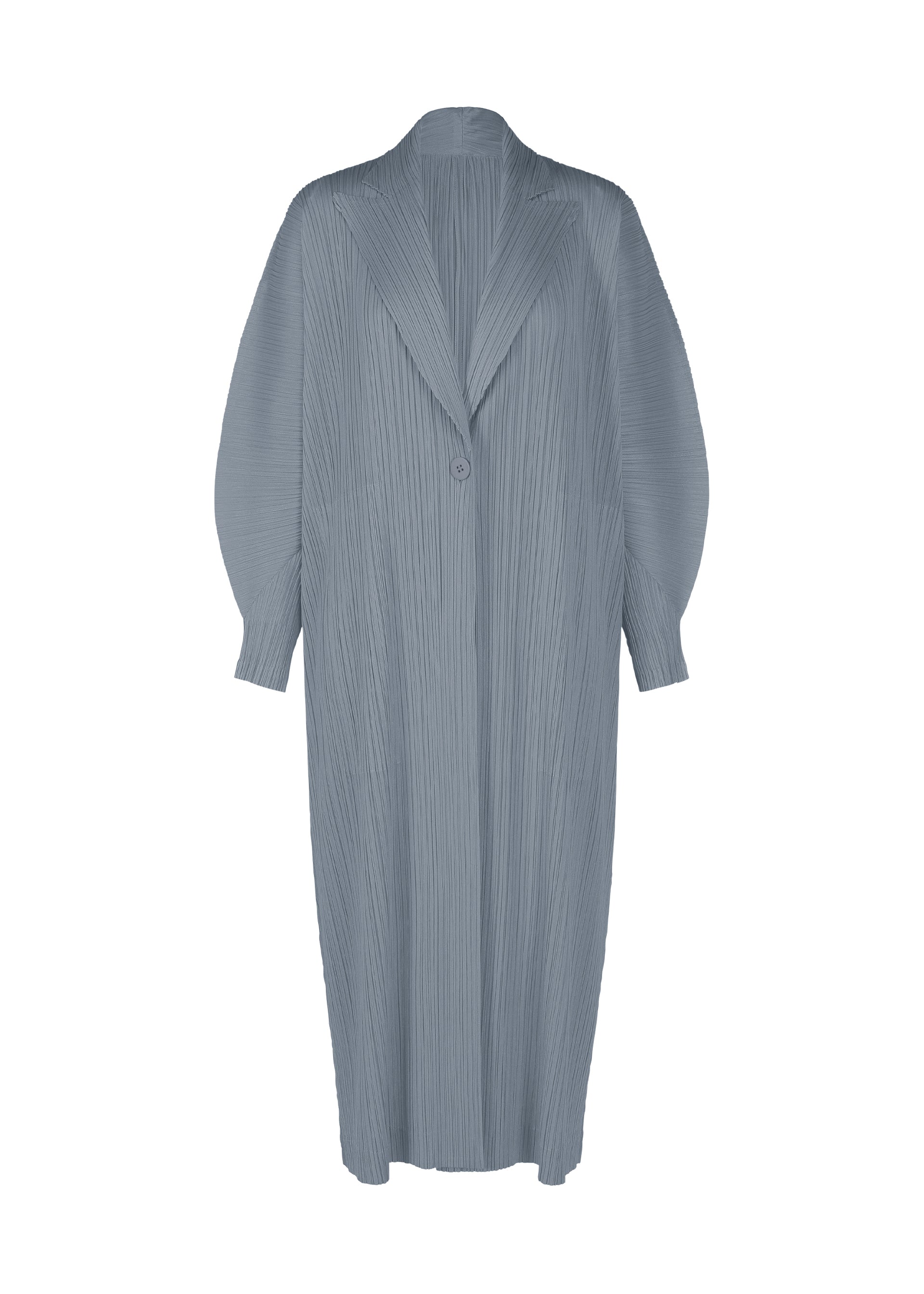 Zoomed view The MONTHLY COLORS : DECEMBER coat by PLEATS PLEASE ISSEY MIYAKE is a long, light gray pleated design with buttons, wide lapels, and loose dolman sleeves, shown against a white background. - STEEL BLUE （no.74）