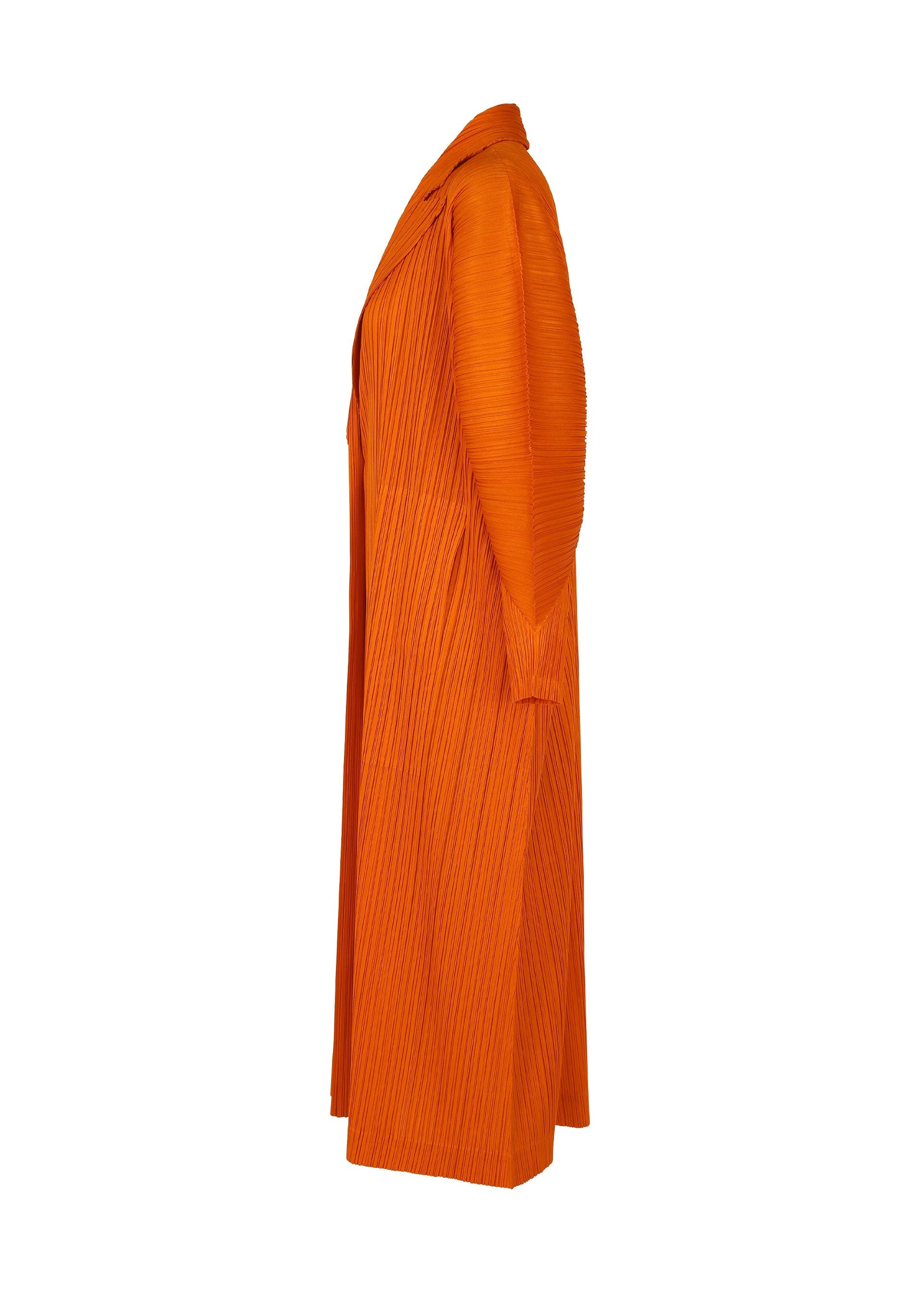 Zoomed view Side view of the MONTHLY COLORS : DECEMBER long, bright orange pleated coat by PLEATS PLEASE ISSEY MIYAKE, shown on a white background. Features dolman sleeves, a collar, and lightweight ribbed fabric for stylish texture.