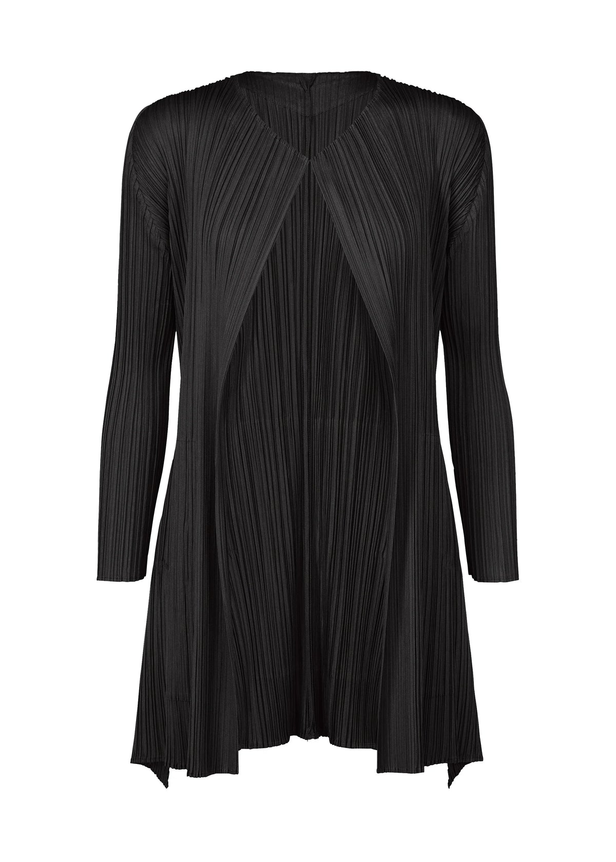 The OLE! cardigan by PLEATS PLEASE ISSEY MIYAKE is a black, long-sleeved, open-front design with pleats, a flared hem, and an uneven finish for a sleek silhouette. view 2 of 9