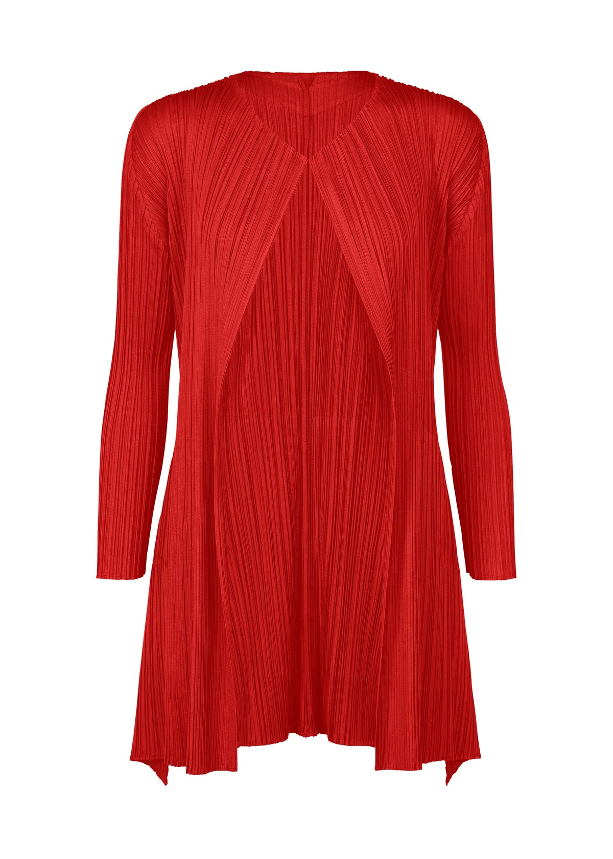 The OLE! long cardigan by PLEATS PLEASE ISSEY MIYAKE features a bright red pleated fabric, an open front, sleek torso, relaxed flowy fit, and subtly flared hem. view 1 of 9