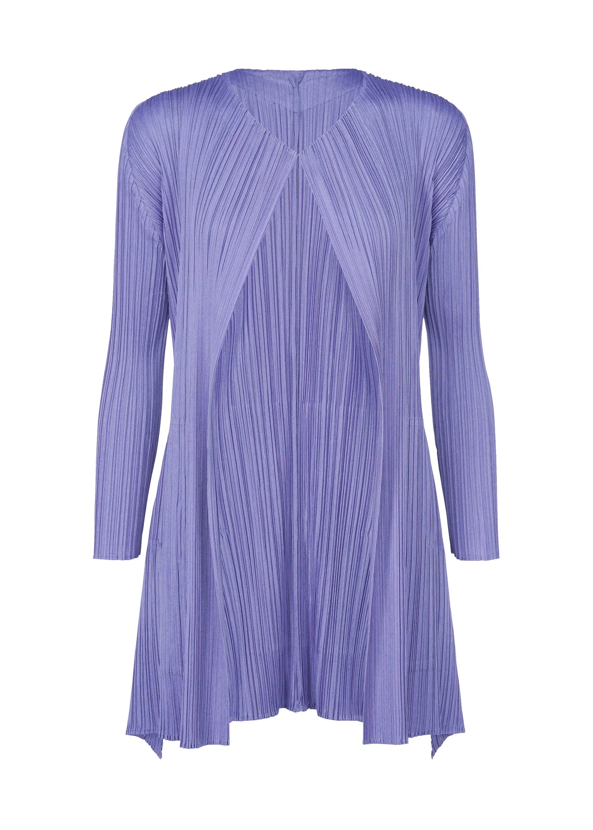 The OLE! long-sleeve, knee-length pleated cardigan from PLEATS PLEASE ISSEY MIYAKE features a sleek torso, flowing textured lavender fabric, and an open front. view 3 of 9