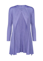 The OLE! long-sleeve, knee-length pleated cardigan from PLEATS PLEASE ISSEY MIYAKE features a sleek torso, flowing textured lavender fabric, and an open front. - BLUE （no.72）