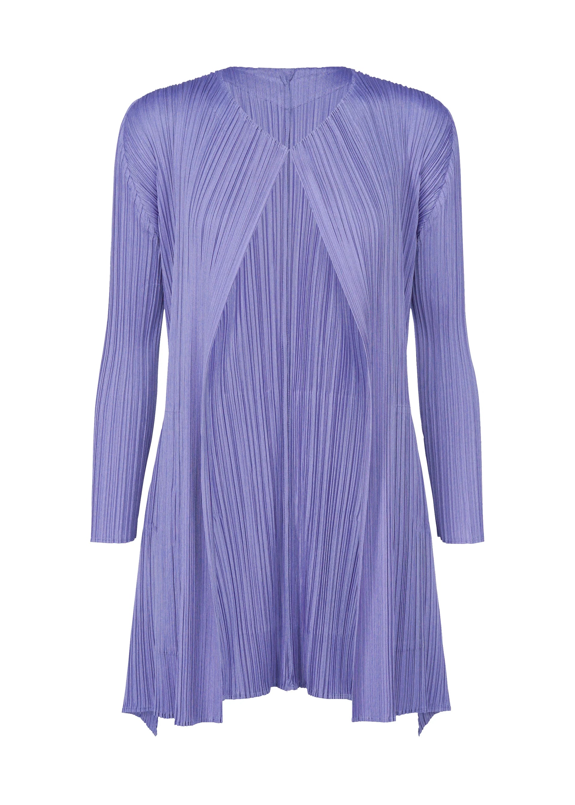 Zoomed view The OLE! long-sleeve, knee-length pleated cardigan from PLEATS PLEASE ISSEY MIYAKE features a sleek torso, flowing textured lavender fabric, and an open front. - BLUE （no.72）