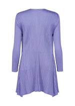 The OLE! dress by PLEATS PLEASE ISSEY MIYAKE is a light purple, long-sleeve, knee-length design with pleated texture, flared hem, and sleek torso, shown from the back against a white background.