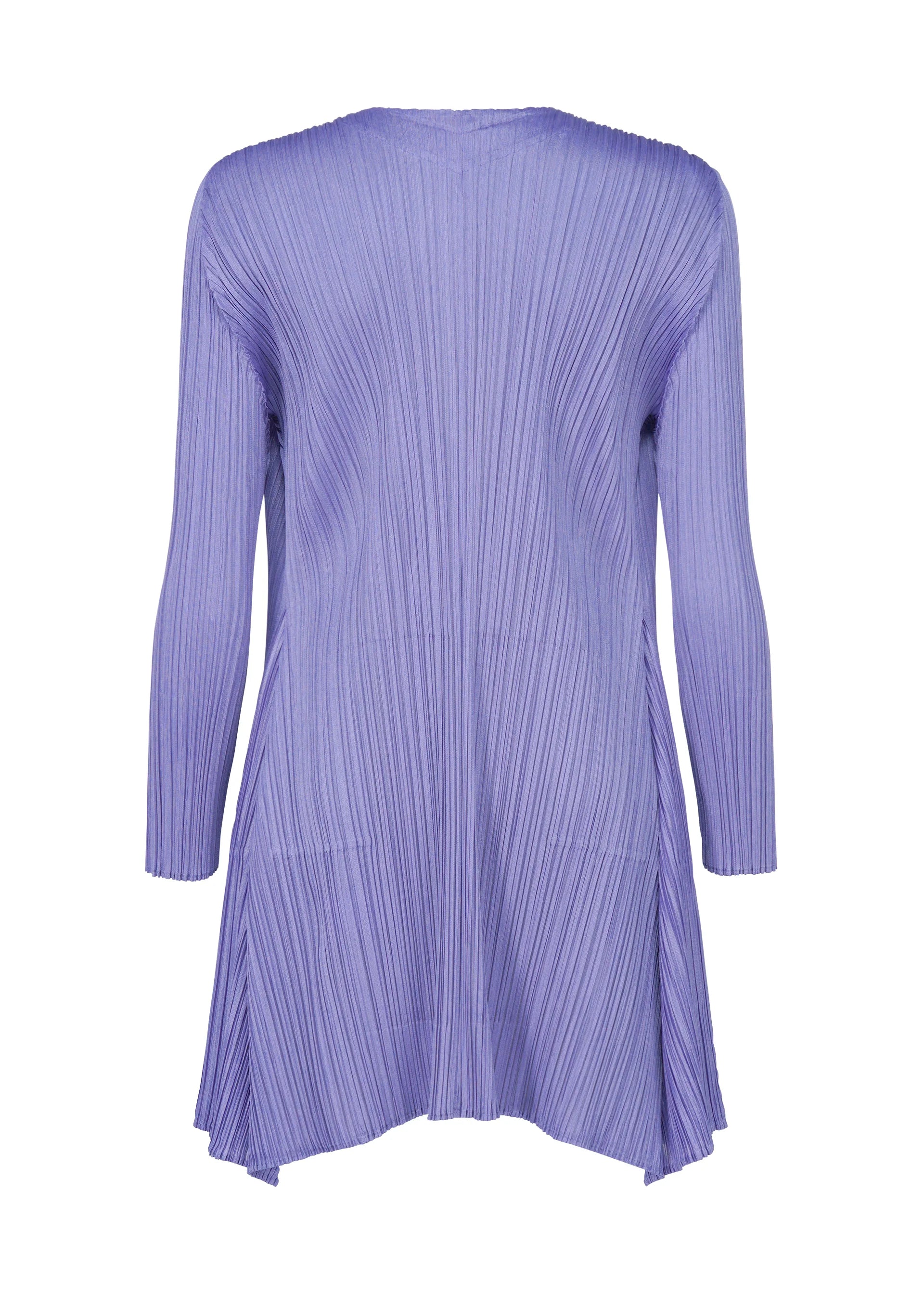 Zoomed view The OLE! dress by PLEATS PLEASE ISSEY MIYAKE is a light purple, long-sleeve, knee-length design with pleated texture, flared hem, and sleek torso, shown from the back against a white background.