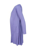 A side view of the OLE! long-sleeved, knee-length dress by PLEATS PLEASE ISSEY MIYAKE, with a sleek torso and flared pleated lavender hem, displayed on a mannequin against a white background.