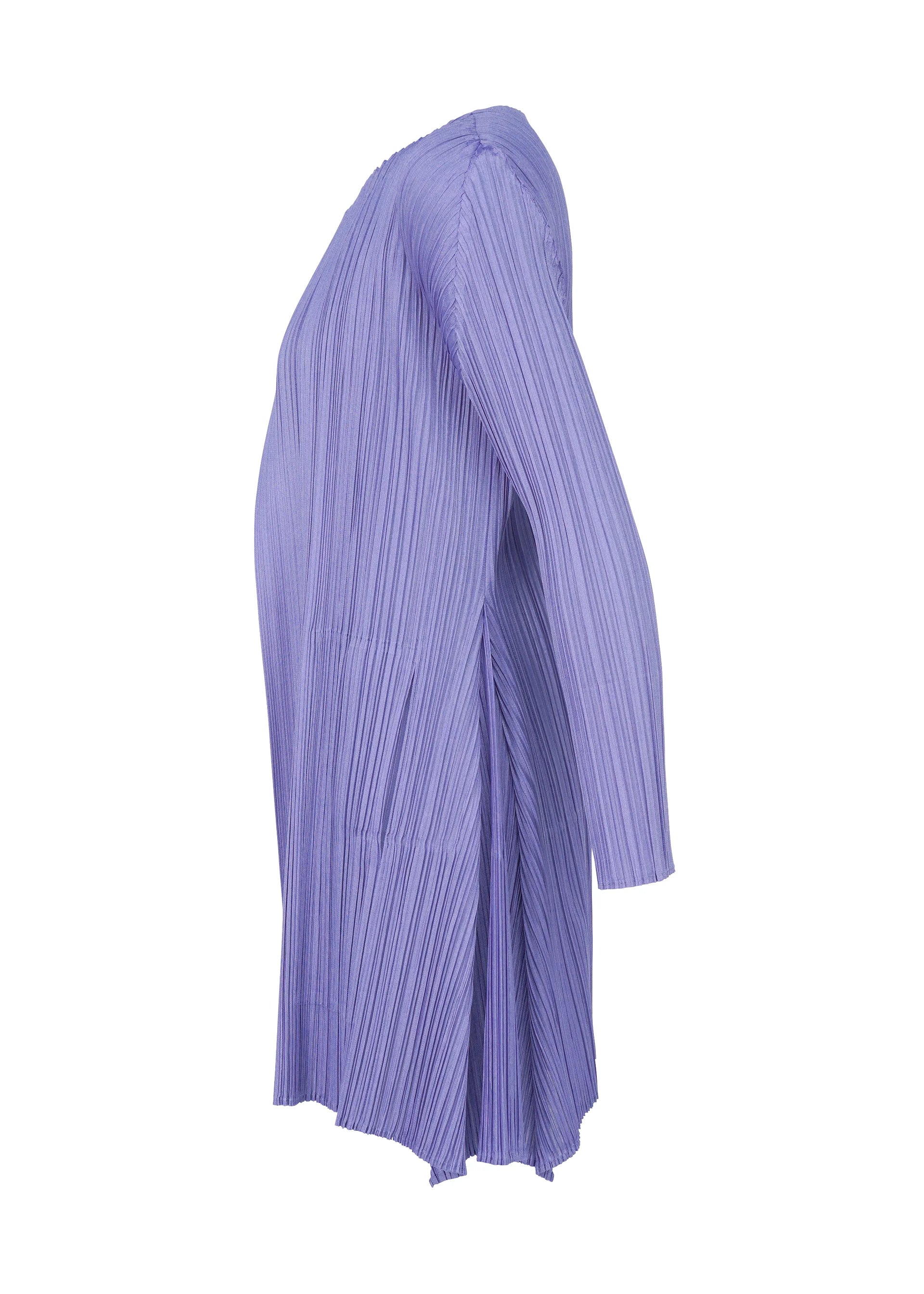 Zoomed view A side view of the OLE! long-sleeved, knee-length dress by PLEATS PLEASE ISSEY MIYAKE, with a sleek torso and flared pleated lavender hem, displayed on a mannequin against a white background.