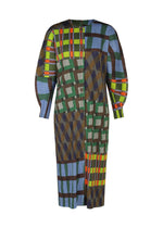 The HARMONY dress by PLEATS PLEASE ISSEY MIYAKE is a pleated, long-sleeve button-front coat-style piece with colorful geometric patchwork in green, blue, brown, and orange tones. - BLUE （no.72）