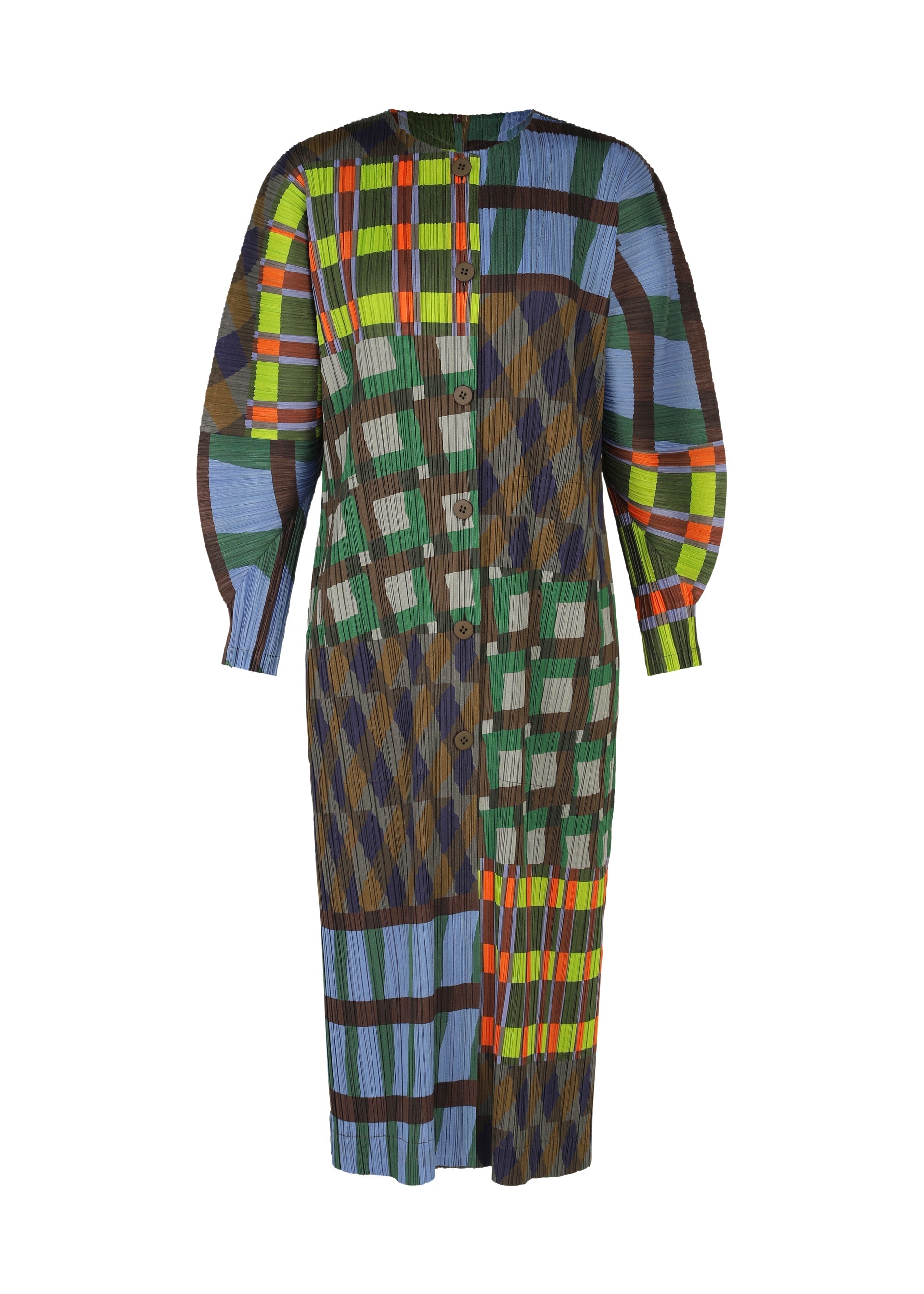 Zoomed view The HARMONY dress by PLEATS PLEASE ISSEY MIYAKE is a pleated, long-sleeve button-front coat-style piece with colorful geometric patchwork in green, blue, brown, and orange tones. - BLUE （no.72）