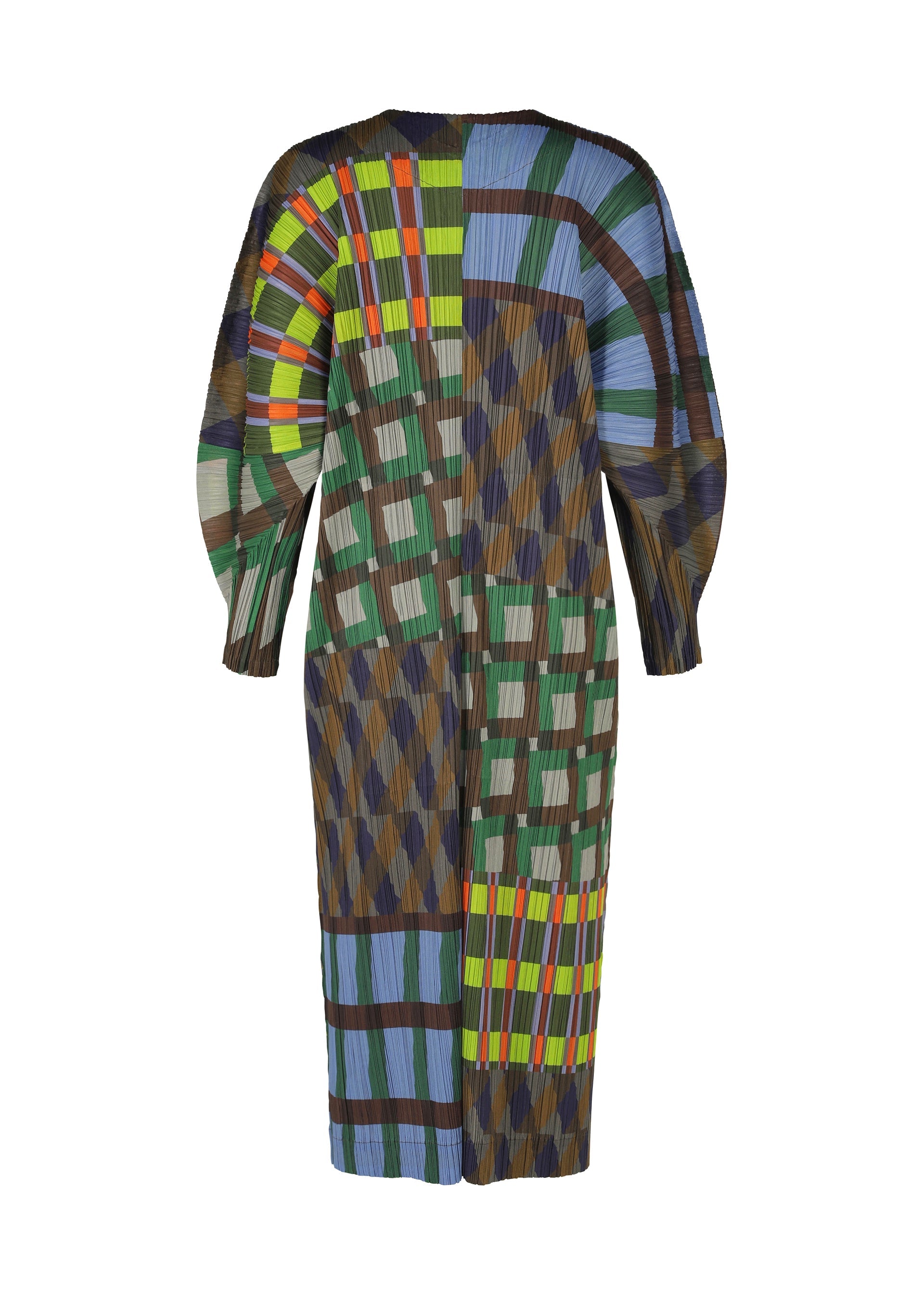 Zoomed view The HARMONY dress by PLEATS PLEASE ISSEY MIYAKE is a long-sleeved, calf-length piece with blue, green, yellow, brown, and gray geometric patchwork in checks, stripes, and diamonds on pleated fabric—ideal for layering with a buttoned coat.