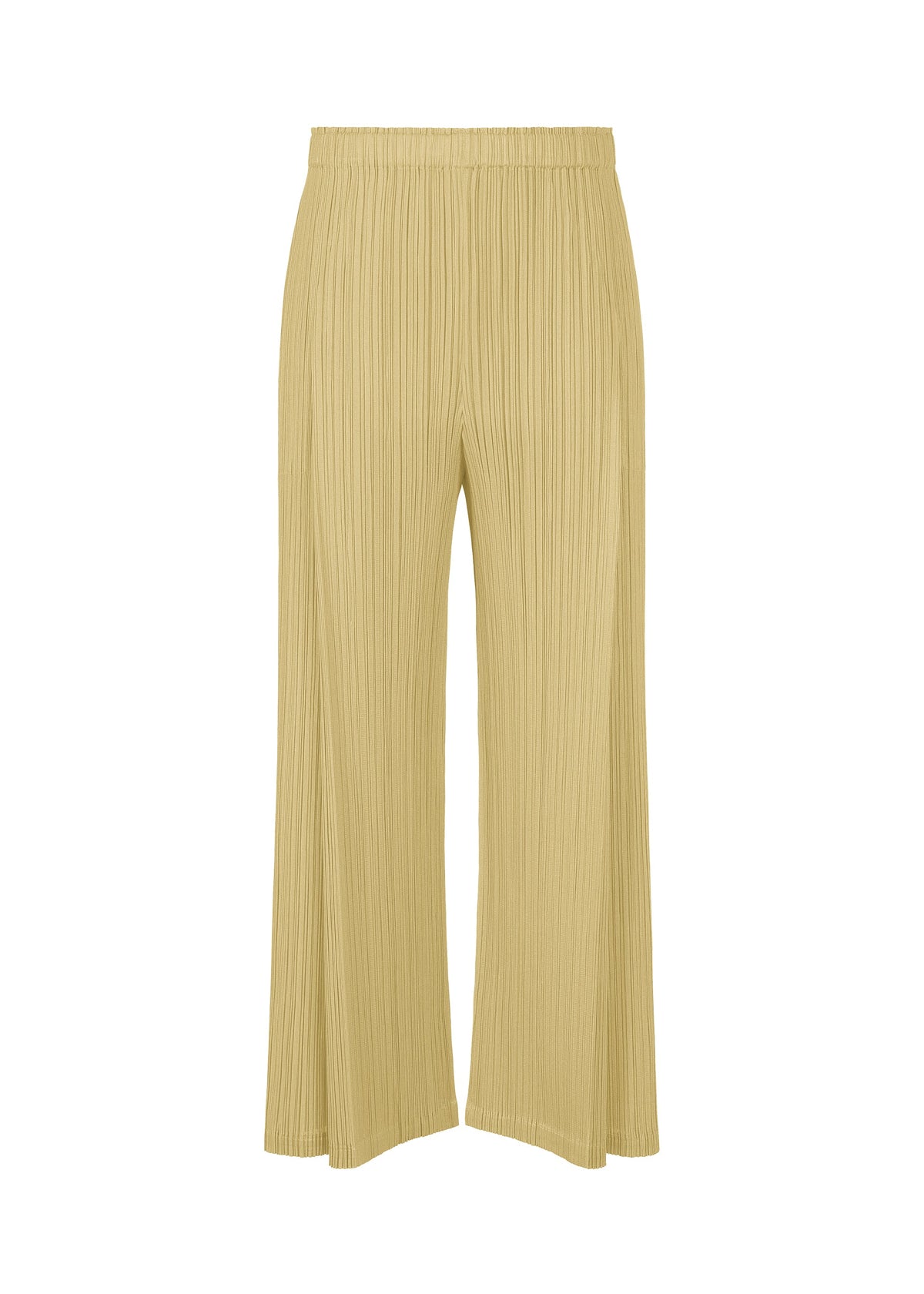 The MONTHLY COLORS : DECEMBER pants by PLEATS PLEASE ISSEY MIYAKE are wide-leg, high-waisted, mid-weight light beige trousers with pleated texture, front tucks, and an elastic waistband, shown on a plain white background. view 3 of 9
