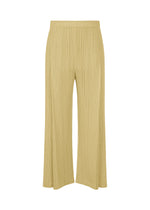 The MONTHLY COLORS : DECEMBER pants by PLEATS PLEASE ISSEY MIYAKE are wide-leg, high-waisted, mid-weight light beige trousers with pleated texture, front tucks, and an elastic waistband, shown on a plain white background. - IVORY （no.03）