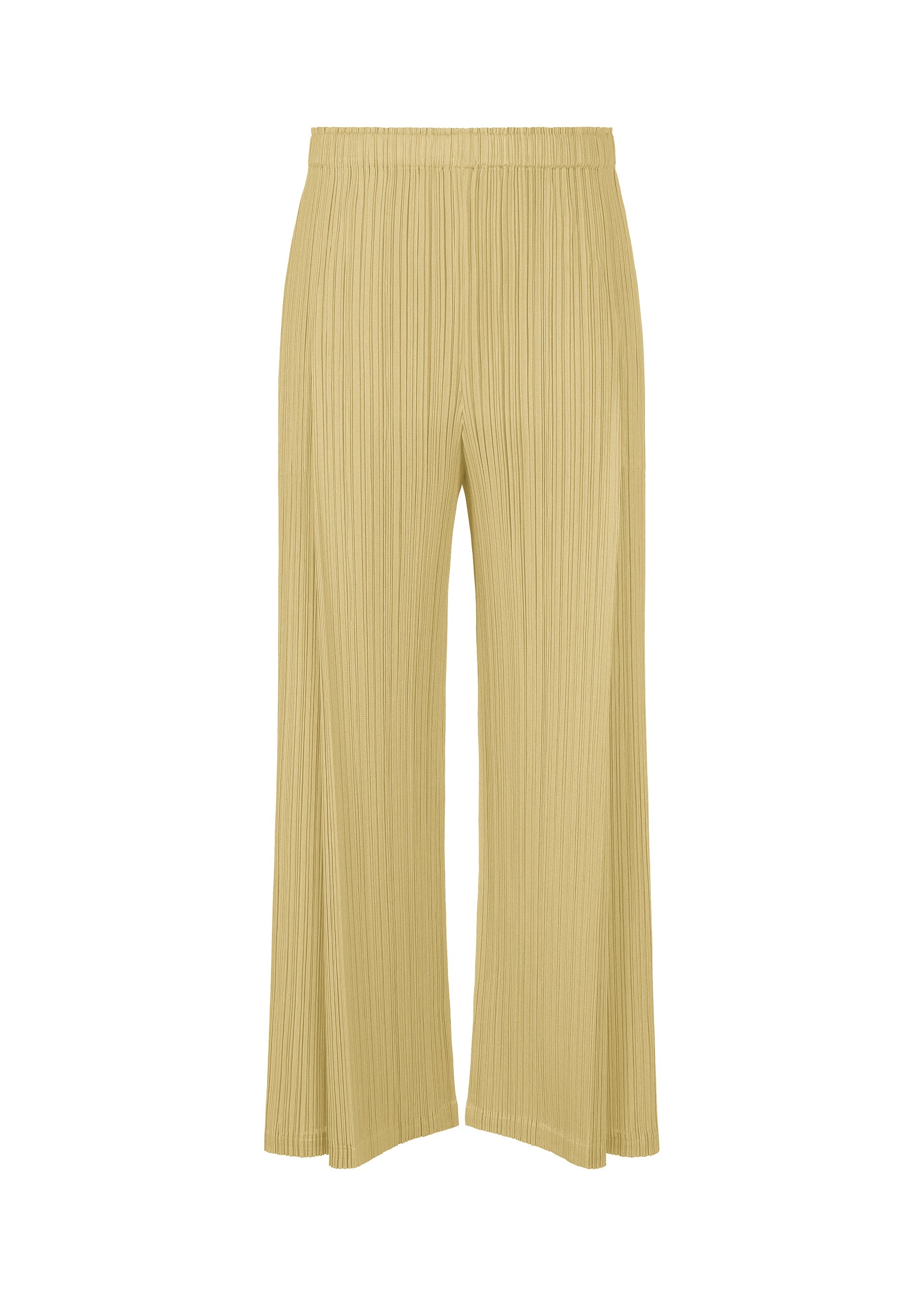 Zoomed view The MONTHLY COLORS : DECEMBER pants by PLEATS PLEASE ISSEY MIYAKE are wide-leg, high-waisted, mid-weight light beige trousers with pleated texture, front tucks, and an elastic waistband, shown on a plain white background. - IVORY （no.03）