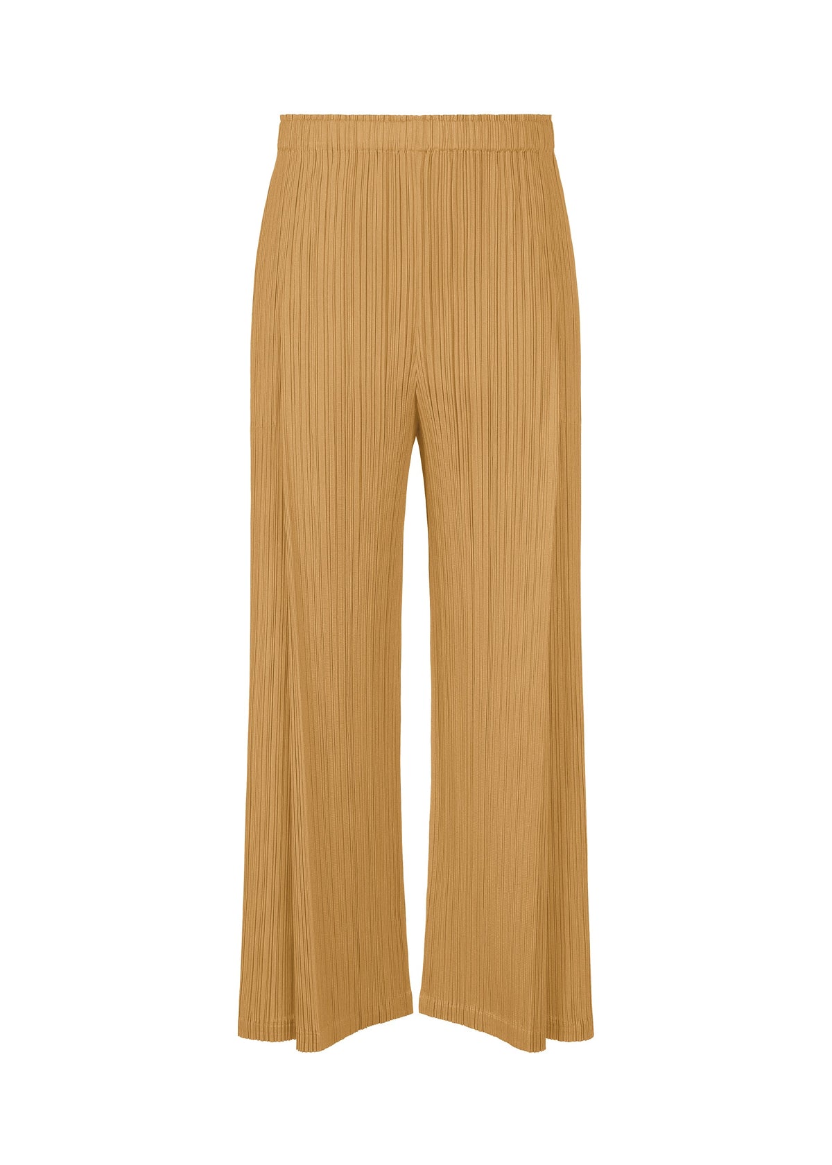The MONTHLY COLORS : DECEMBER pleated wide-leg pants from PLEATS PLEASE ISSEY MIYAKE feature a tan hue, tucks, an elastic waistband, and pockets, shown against a white background. view 5 of 9