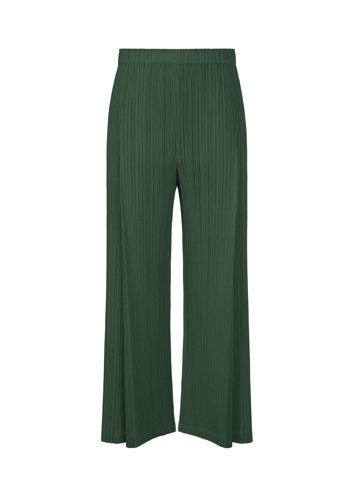 The MONTHLY COLORS : DECEMBER pants by PLEATS PLEASE ISSEY MIYAKE feature a dark green hue, wide-leg mid-weight design, pleated tucks, elastic waistband, and pockets, shown against a white background. view 1 of 9