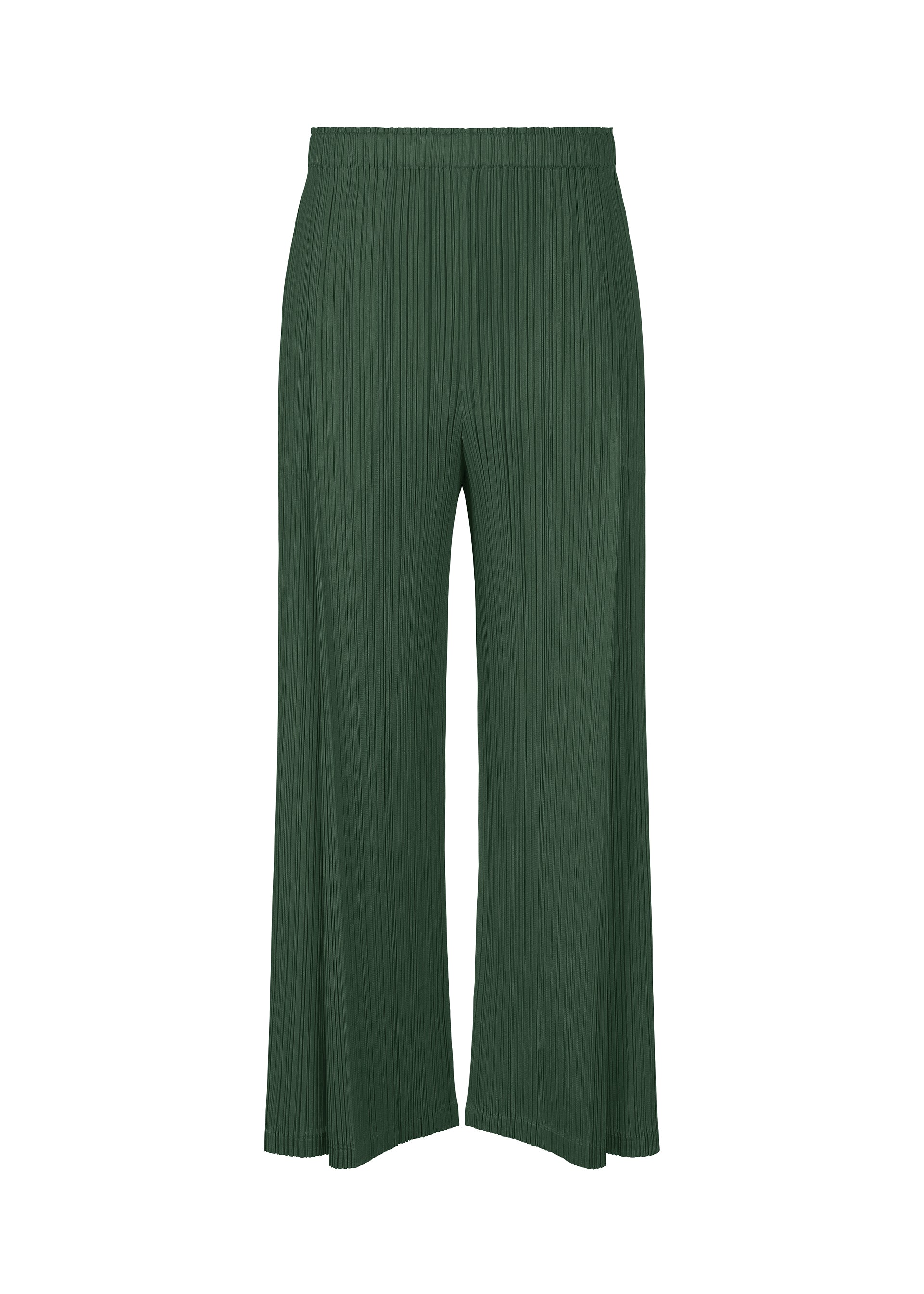 Zoomed view The MONTHLY COLORS : DECEMBER pants by PLEATS PLEASE ISSEY MIYAKE feature a dark green hue, wide-leg mid-weight design, pleated tucks, elastic waistband, and pockets, shown against a white background. - FOREST GREEN （no.64）