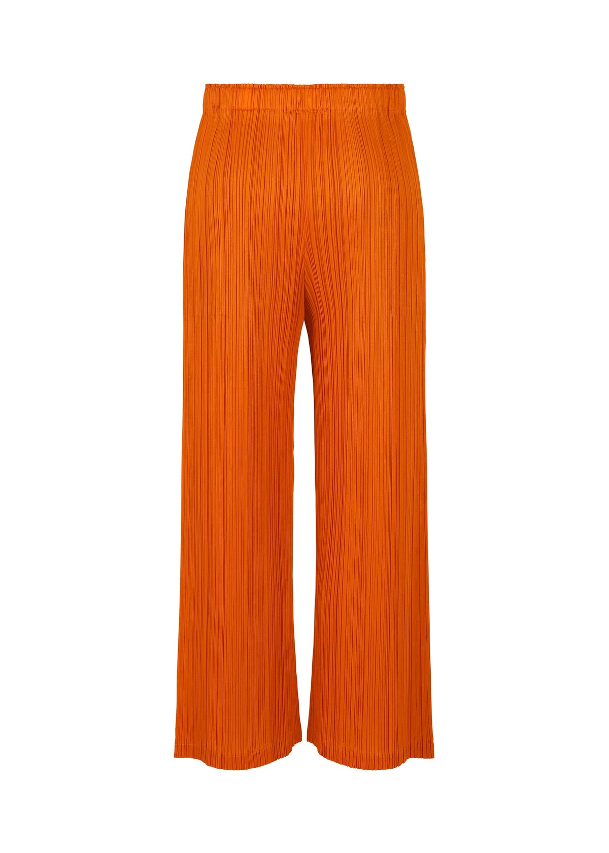 The MONTHLY COLORS : DECEMBER wide-leg, bright orange pants by PLEATS PLEASE ISSEY MIYAKE feature a pleated texture, elastic waistband, subtle tucks, and ankle-length hem, shown against a white background. view 6 of 9