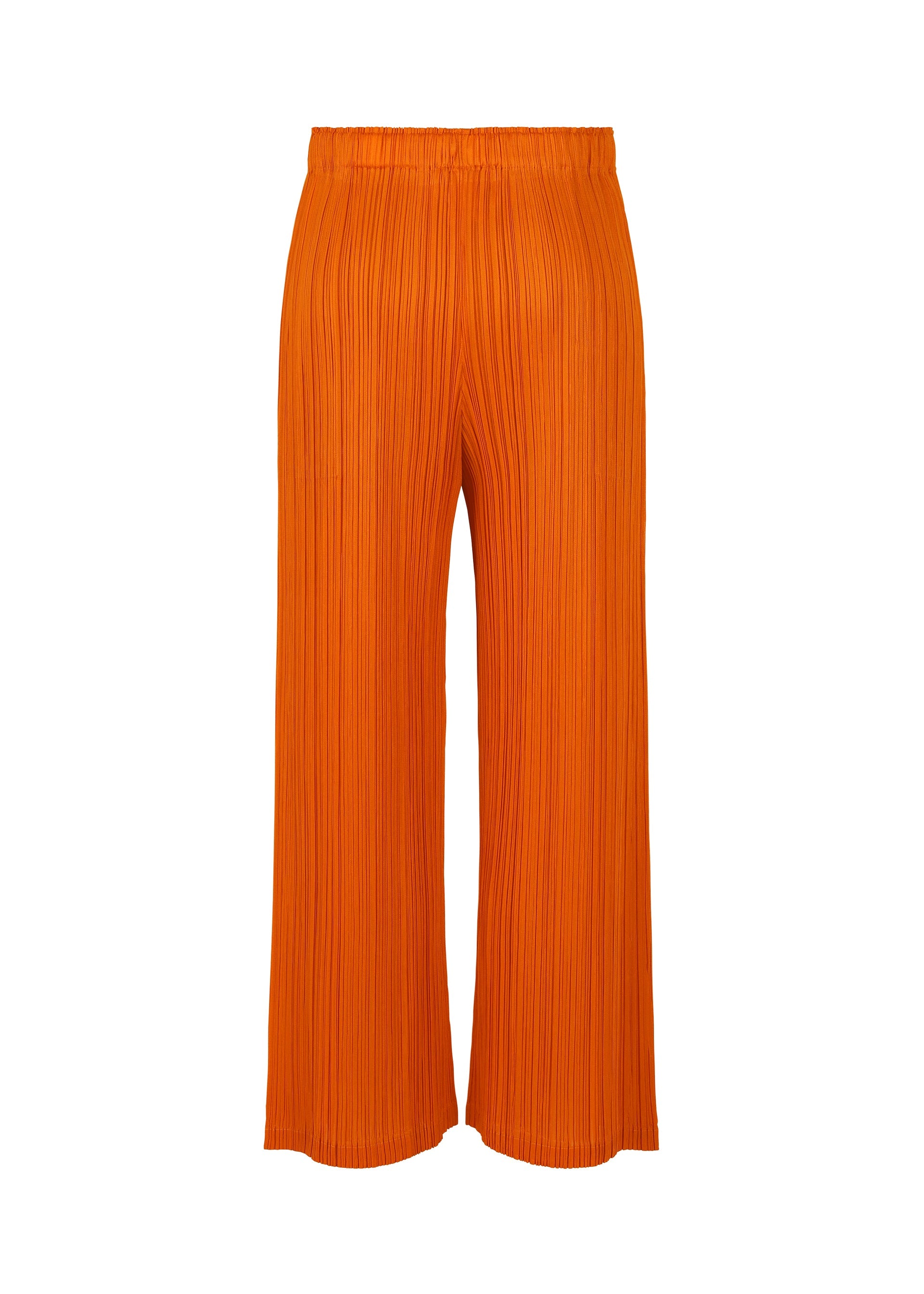 Zoomed view The MONTHLY COLORS : DECEMBER wide-leg, bright orange pants by PLEATS PLEASE ISSEY MIYAKE feature a pleated texture, elastic waistband, subtle tucks, and ankle-length hem, shown against a white background.