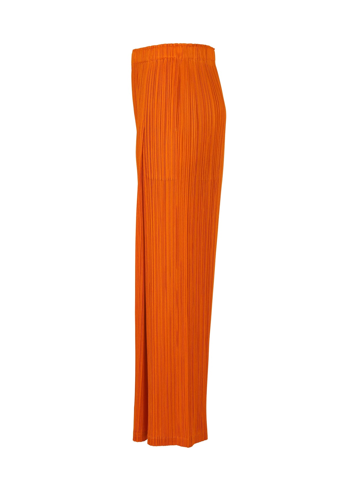 Side view of a pair of bright orange MONTHLY COLORS : DECEMBER pants by PLEATS PLEASE ISSEY MIYAKE, featuring pleats, an elastic waistband, and subtle tucks; photographed on a plain white background. view 7 of 9