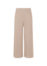 The LOOP BOTTOMS by PLEATS PLEASE ISSEY MIYAKE are wide-leg, high-waisted beige straight pants with pleated texture, an elastic waistband, and pockets, made from recycled polyester and shown against a white background. - GREIGE （no.42）