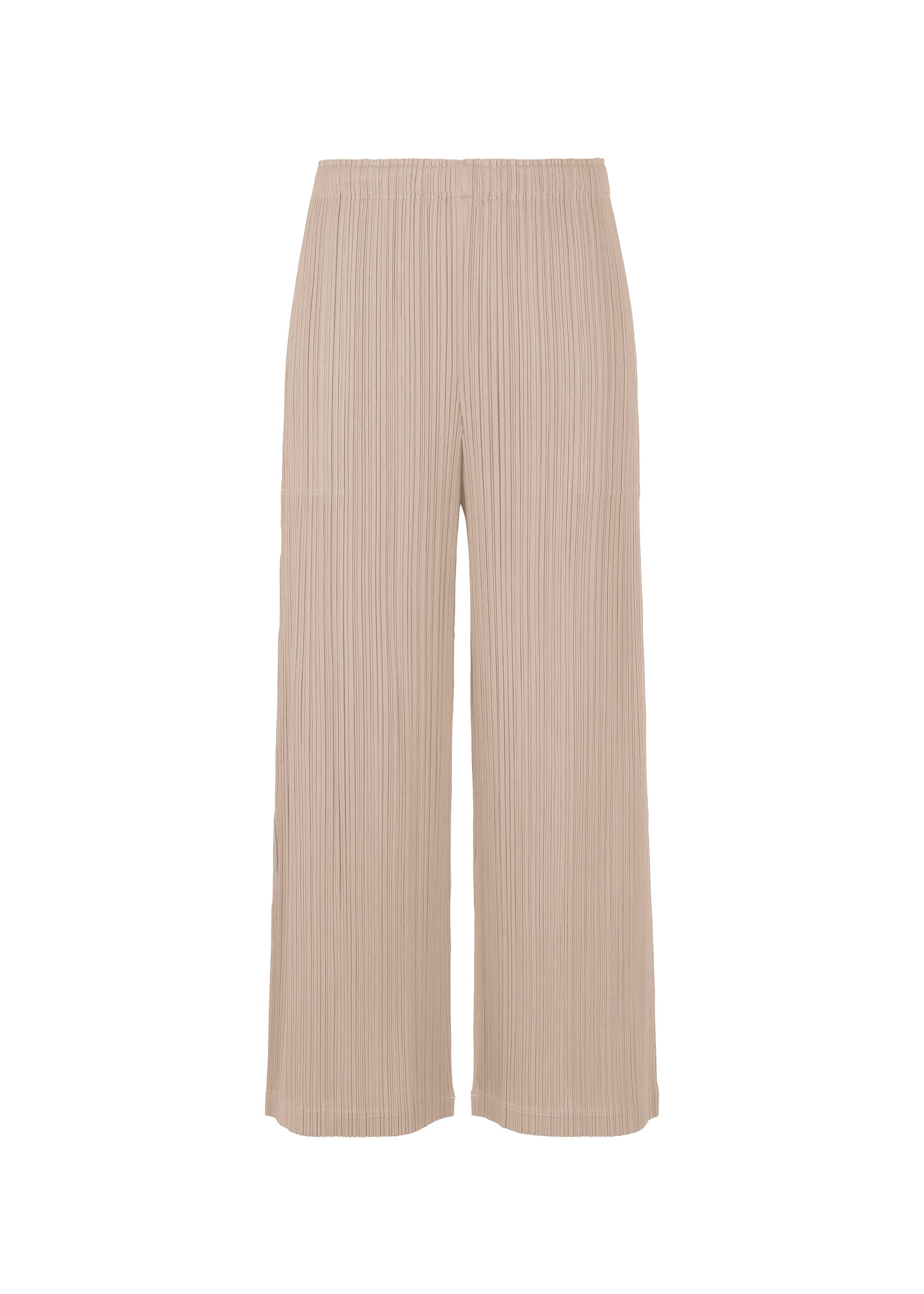 Zoomed view The LOOP BOTTOMS by PLEATS PLEASE ISSEY MIYAKE are wide-leg, high-waisted beige straight pants with pleated texture, an elastic waistband, and pockets, made from recycled polyester and shown against a white background. - GREIGE （no.42）