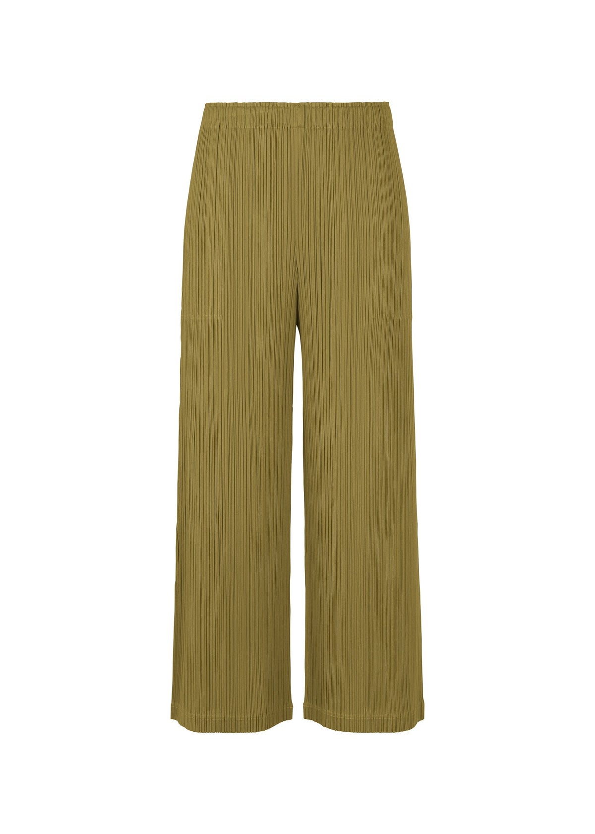 LOOP BOTTOMS by PLEATS PLEASE ISSEY MIYAKE: Olive green pleated wide-leg pants with pockets and an elastic waistband, made from recycled polyester, shown on a white background. view 2 of 3