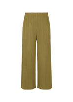 LOOP BOTTOMS by PLEATS PLEASE ISSEY MIYAKE: Olive green pleated wide-leg pants with pockets and an elastic waistband, made from recycled polyester, shown on a white background.