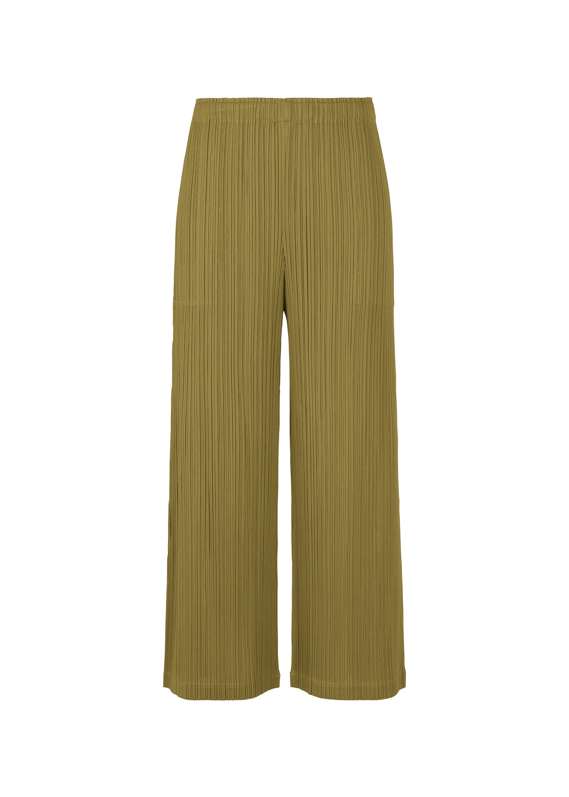 Zoomed view LOOP BOTTOMS by PLEATS PLEASE ISSEY MIYAKE: Olive green pleated wide-leg pants with pockets and an elastic waistband, made from recycled polyester, shown on a white background.