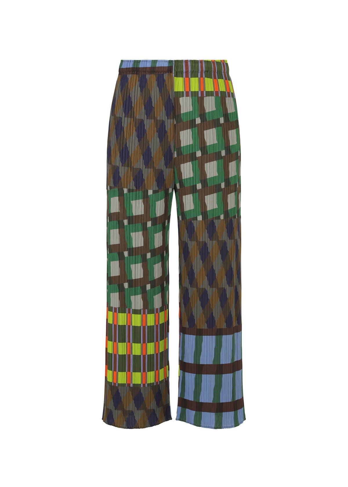The HARMONY wide-leg pants by PLEATS PLEASE ISSEY MIYAKE feature a bold geometric patchwork in green, blue, brown, yellow, and red on white with an elastic waistband—perfect statement printed pants for any wardrobe. view 2 of 6