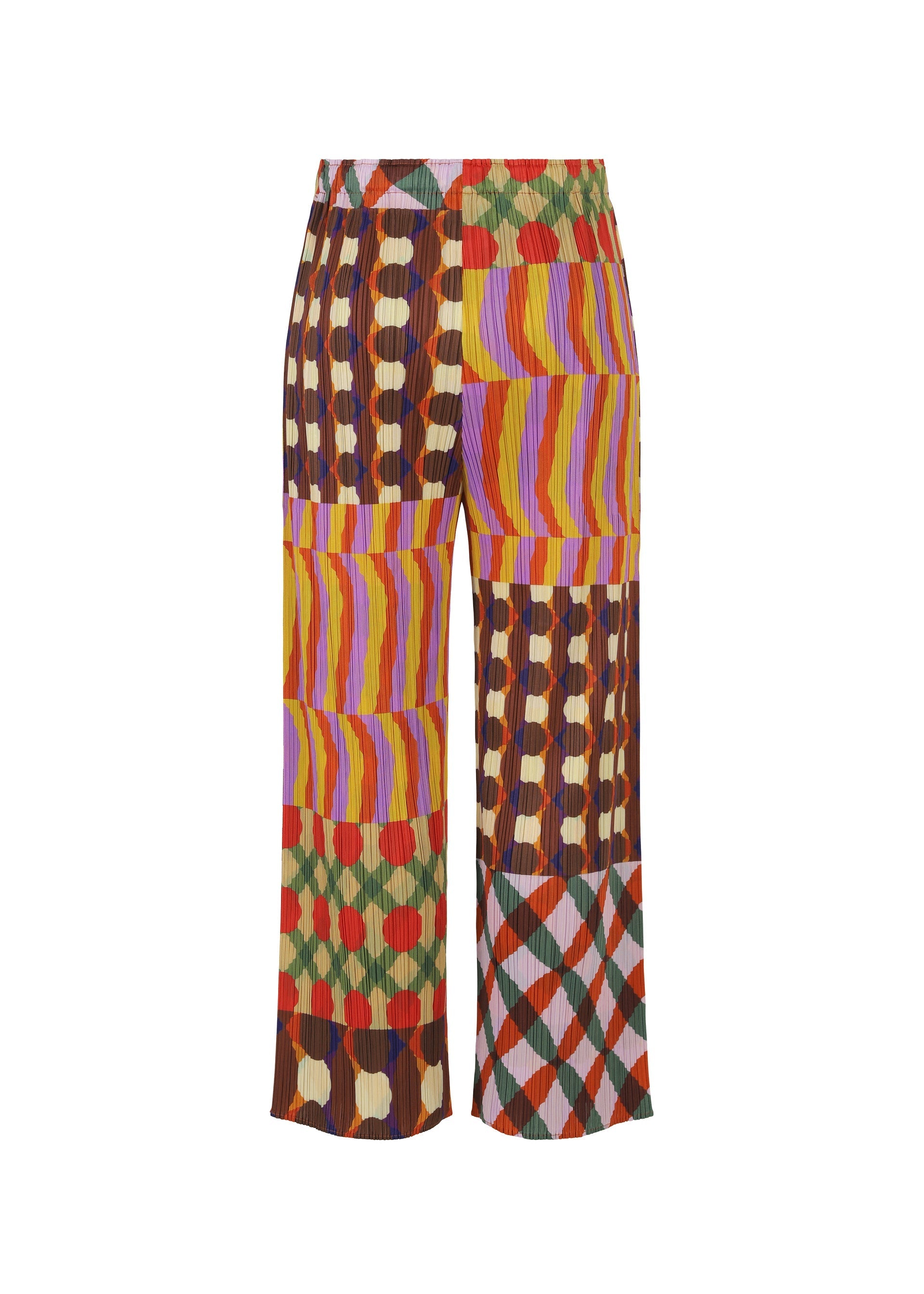 Zoomed view The HARMONY pants by PLEATS PLEASE ISSEY MIYAKE are high-waisted, wide-legged trousers adorned with a vibrant geometric patchwork in red, yellow, green, brown, orange, and purple tones.