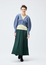 A person smiles gently against a white background, wearing the PLEATS PLEASE ISSEY MIYAKE MONTHLY COLORS : DECEMBER collection, featuring a light blue textured cardigan, pale yellow top, long dark green skirt, and black shoes.