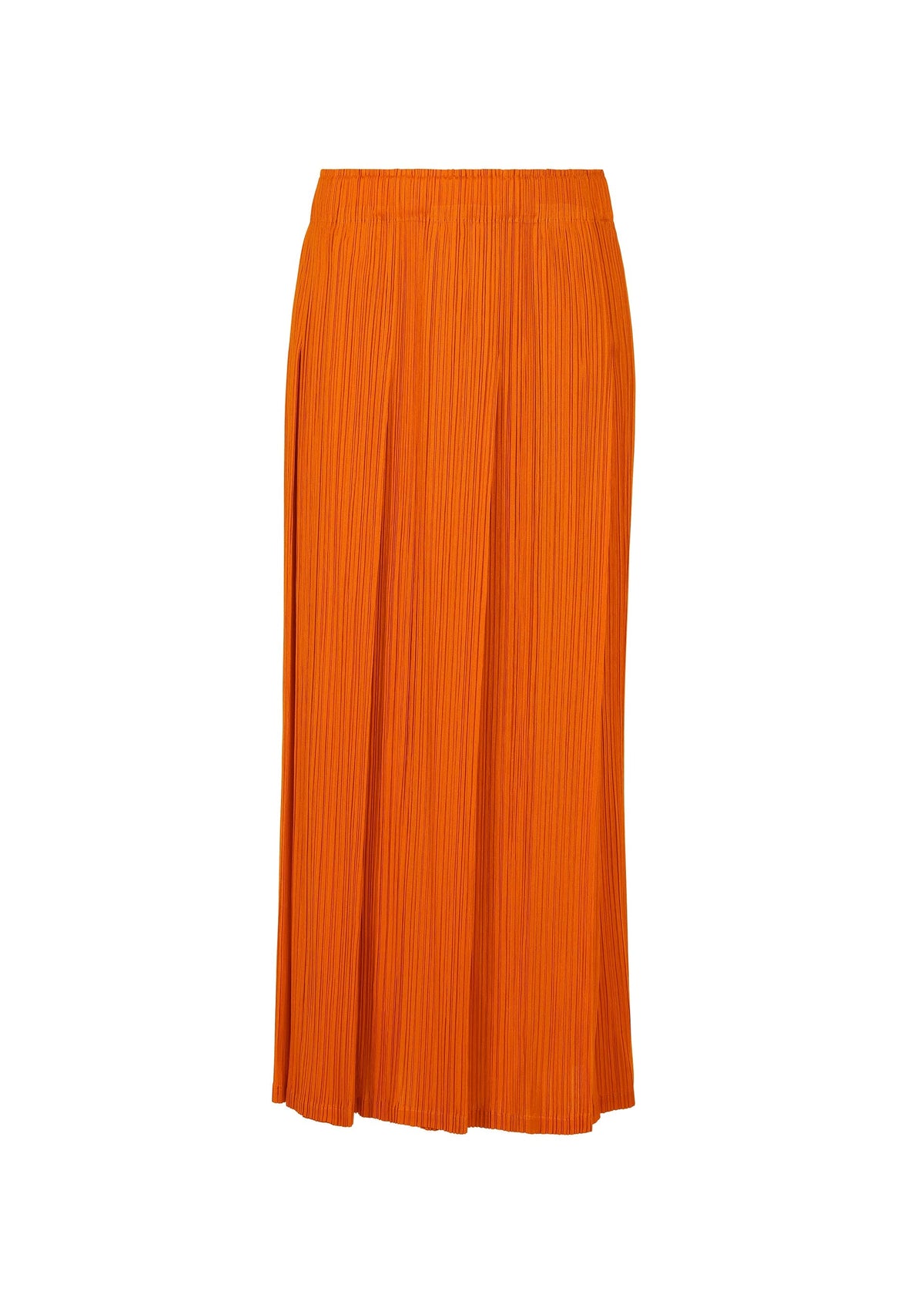 The MONTHLY COLORS : DECEMBER skirt by PLEATS PLEASE ISSEY MIYAKE is a bright orange, pleated midi with a straight silhouette in lightweight fabric, shown on a plain white background for a joyful look. view 2 of 10