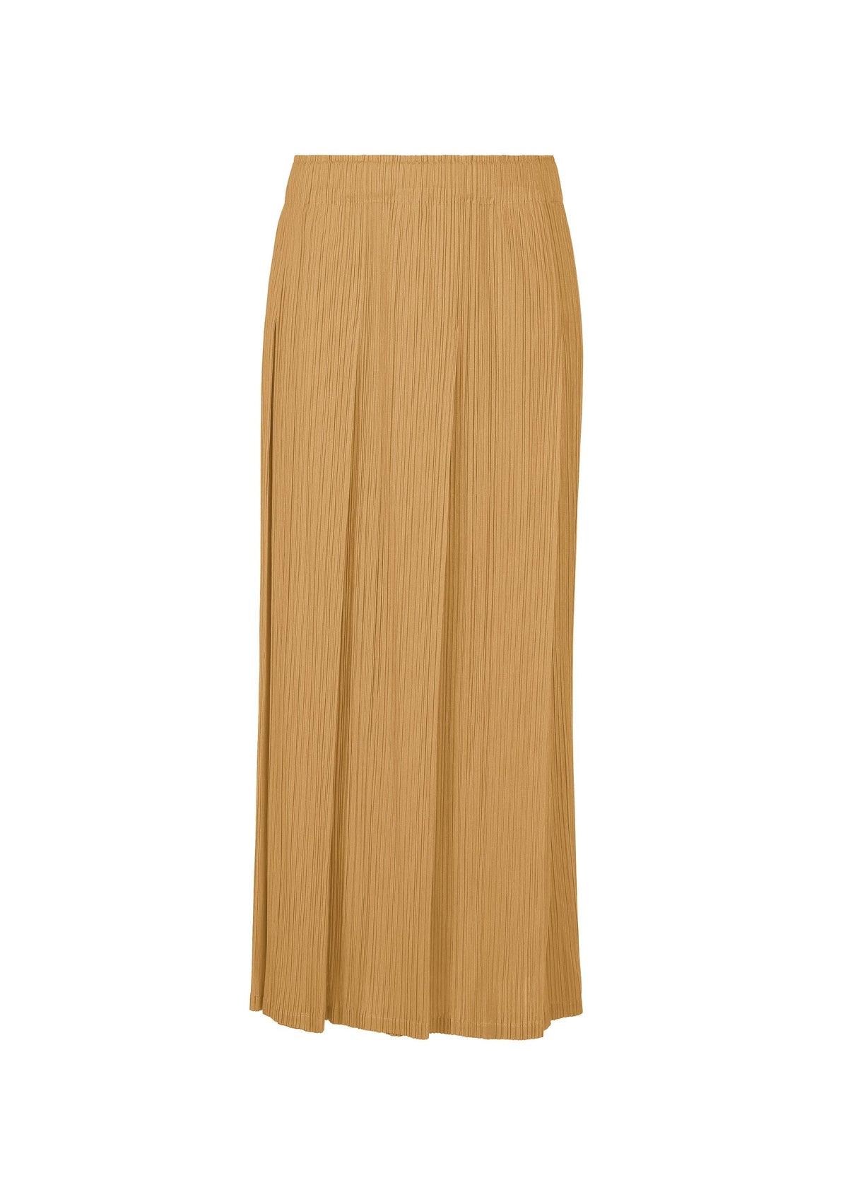 The MONTHLY COLORS : DECEMBER skirt by PLEATS PLEASE ISSEY MIYAKE is a high-waisted, tan pleated piece with a textured, crinkled look that falls ankle-length, creating a joyful impression against a plain white background. view 3 of 10