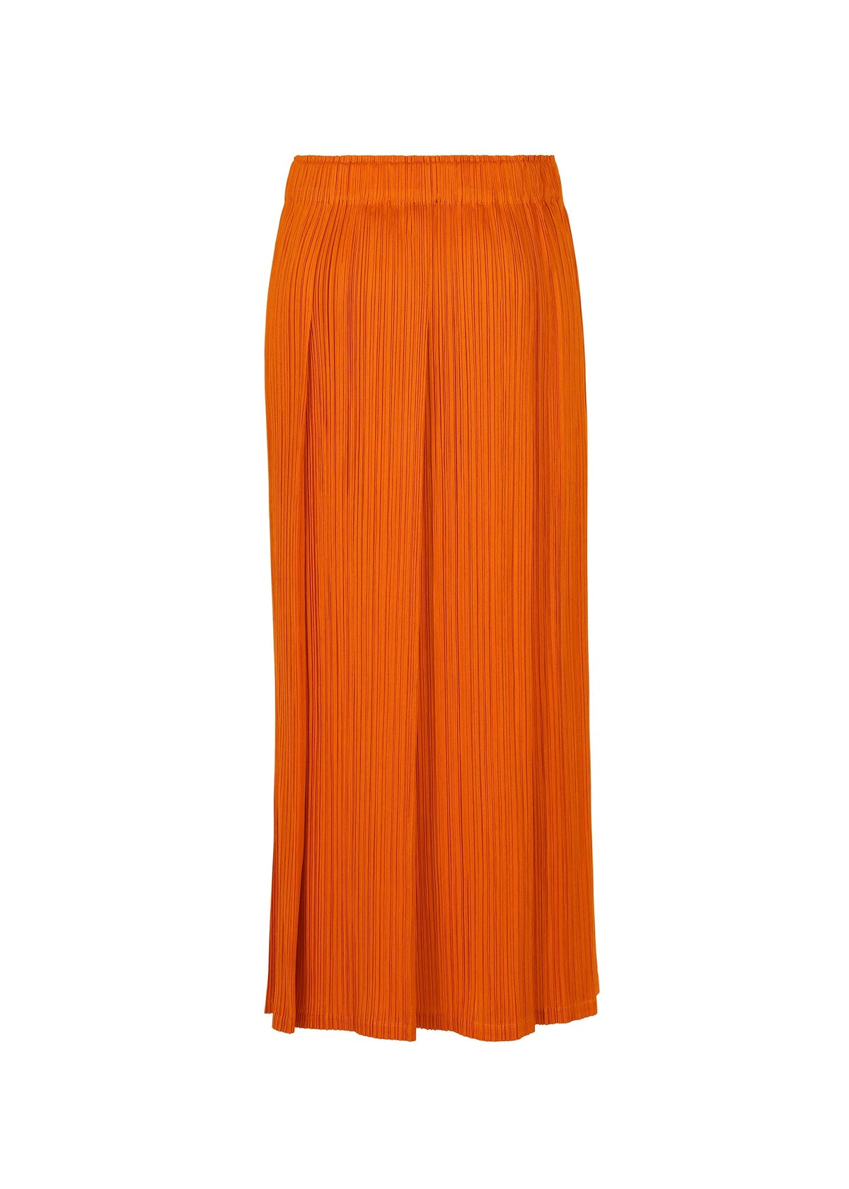 The MONTHLY COLORS : DECEMBER skirt by PLEATS PLEASE ISSEY MIYAKE is an orange pleated midi with an elastic waistband, shown on a white background for a joyful, vibrant look. view 5 of 10