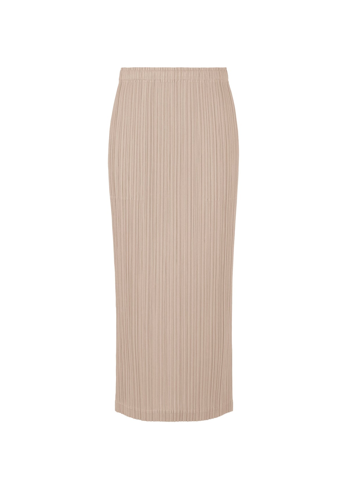 The LOOP BOTTOMS skirt by PLEATS PLEASE ISSEY MIYAKE is a beige, high-waisted, midi-length piece with a straight silhouette and fine vertical pleats, crafted from recycled polyester and featuring discreet pockets. Shown on a plain white background. view 3 of 3