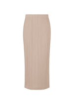 The LOOP BOTTOMS skirt by PLEATS PLEASE ISSEY MIYAKE is a beige, high-waisted, midi-length piece with a straight silhouette and fine vertical pleats, crafted from recycled polyester and featuring discreet pockets. Shown on a plain white background. - GREIGE （no.42）