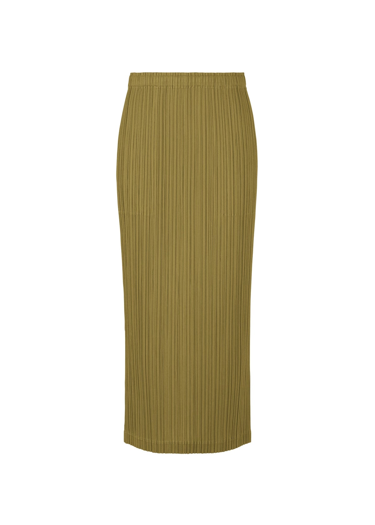 The LOOP BOTTOMS by PLEATS PLEASE ISSEY MIYAKE is a khaki green, high-waisted, pleated midi skirt with a straight silhouette and elastic waistband, made from recycled polyester and shown on a plain white background. view 2 of 3