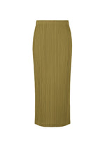 The LOOP BOTTOMS by PLEATS PLEASE ISSEY MIYAKE is a khaki green, high-waisted, pleated midi skirt with a straight silhouette and elastic waistband, made from recycled polyester and shown on a plain white background.