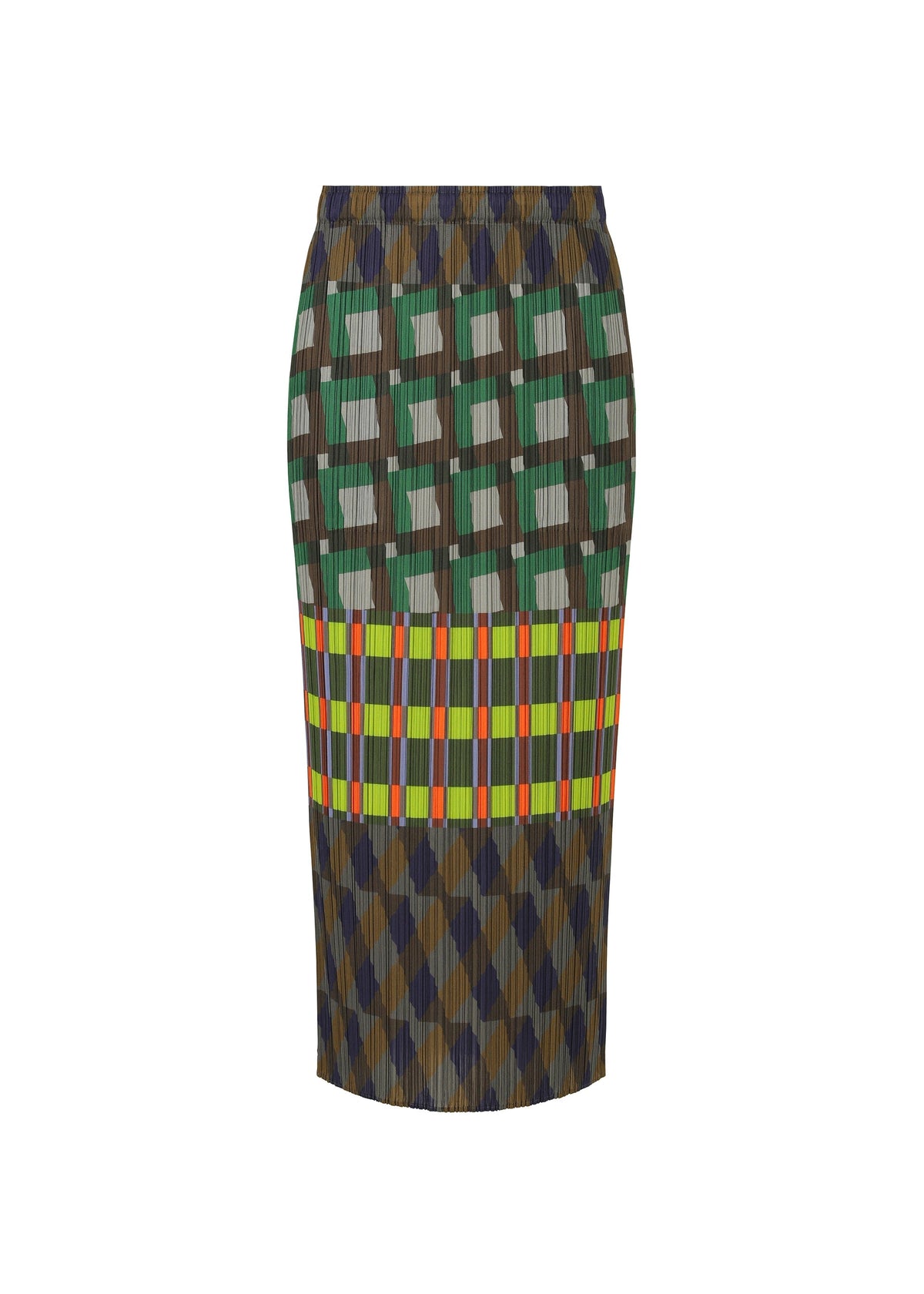 The HARMONY pencil skirt by PLEATS PLEASE ISSEY MIYAKE features a knee-length design with geometric prints—vertical and horizontal stripes plus diamonds in green, blue, yellow, and red—on a white background. It’s bold and captures dynamic body movement. view 2 of 6