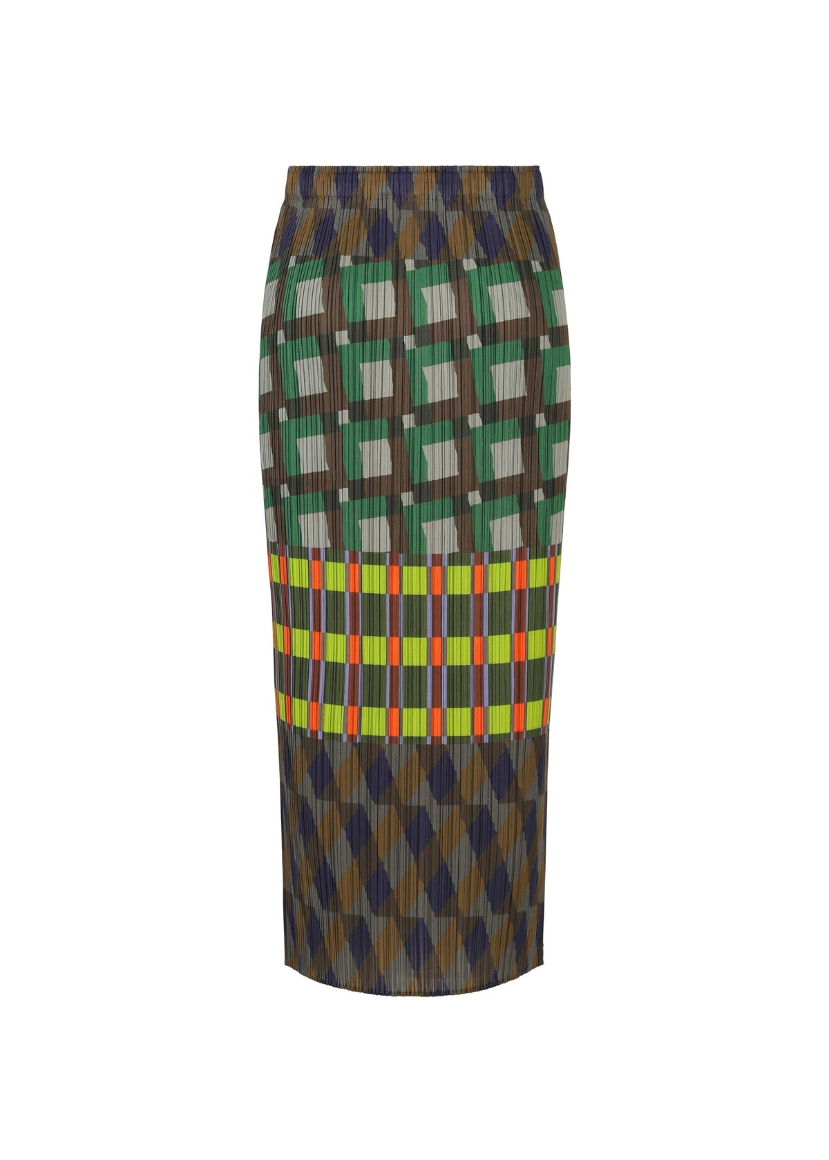 The HARMONY knee-length skirt by PLEATS PLEASE ISSEY MIYAKE features green, white, blue, brown, and orange geometric diamond and rectangle shapes with a vibrant band of vertical stripes—ideal for showcasing dynamic body movement. view 3 of 6