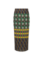 The HARMONY knee-length skirt by PLEATS PLEASE ISSEY MIYAKE features green, white, blue, brown, and orange geometric diamond and rectangle shapes with a vibrant band of vertical stripes—ideal for showcasing dynamic body movement.