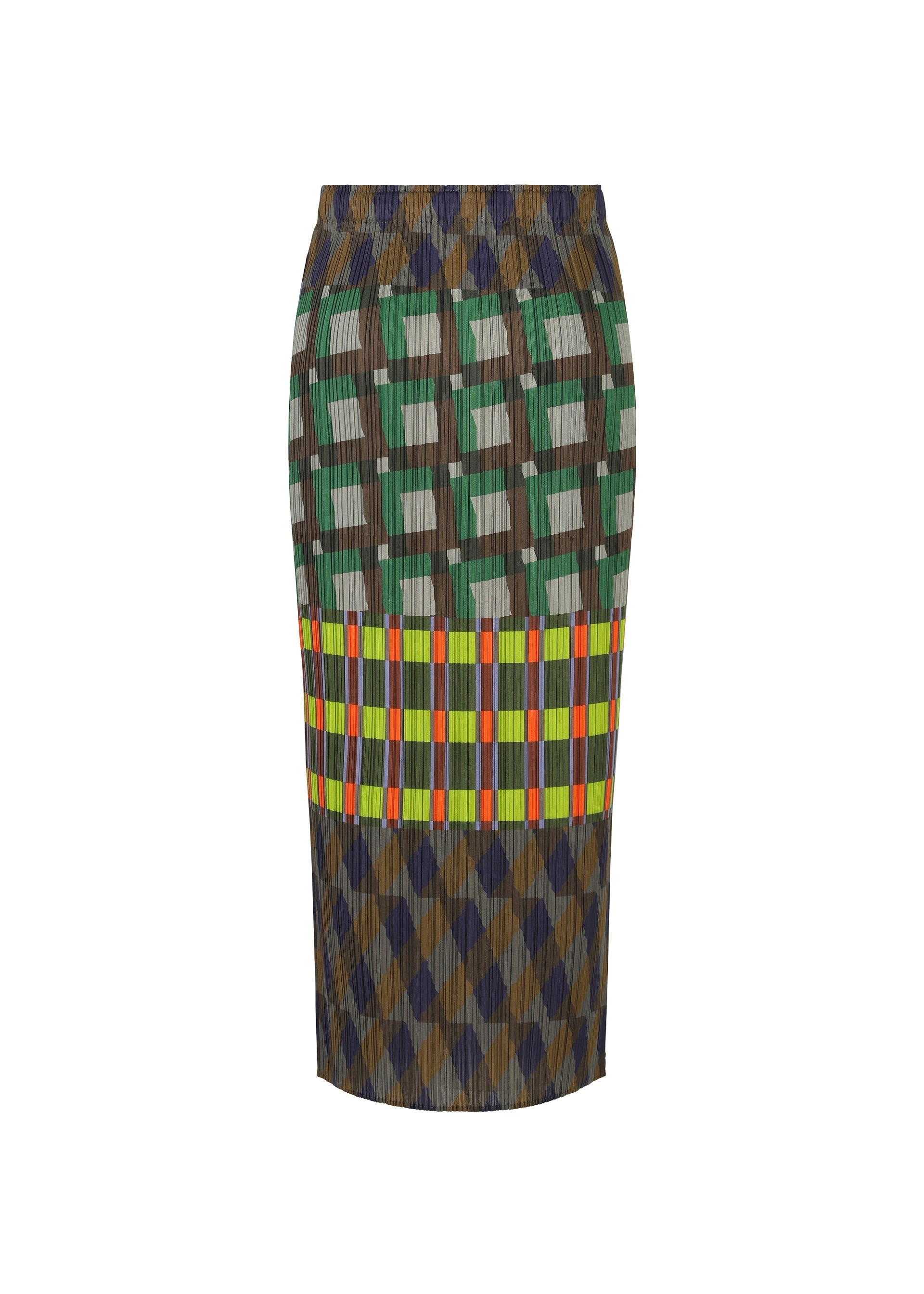Zoomed view The HARMONY knee-length skirt by PLEATS PLEASE ISSEY MIYAKE features green, white, blue, brown, and orange geometric diamond and rectangle shapes with a vibrant band of vertical stripes—ideal for showcasing dynamic body movement.