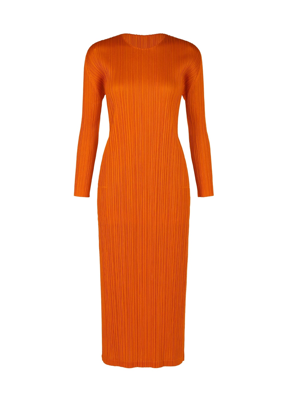 The PLEATS PLEASE ISSEY MIYAKE MONTHLY COLORS : DECEMBER is a vibrant, long-sleeved, ankle-length orange dress with a fitted silhouette and vertical pleats, shown against a plain white background. view 3 of 7