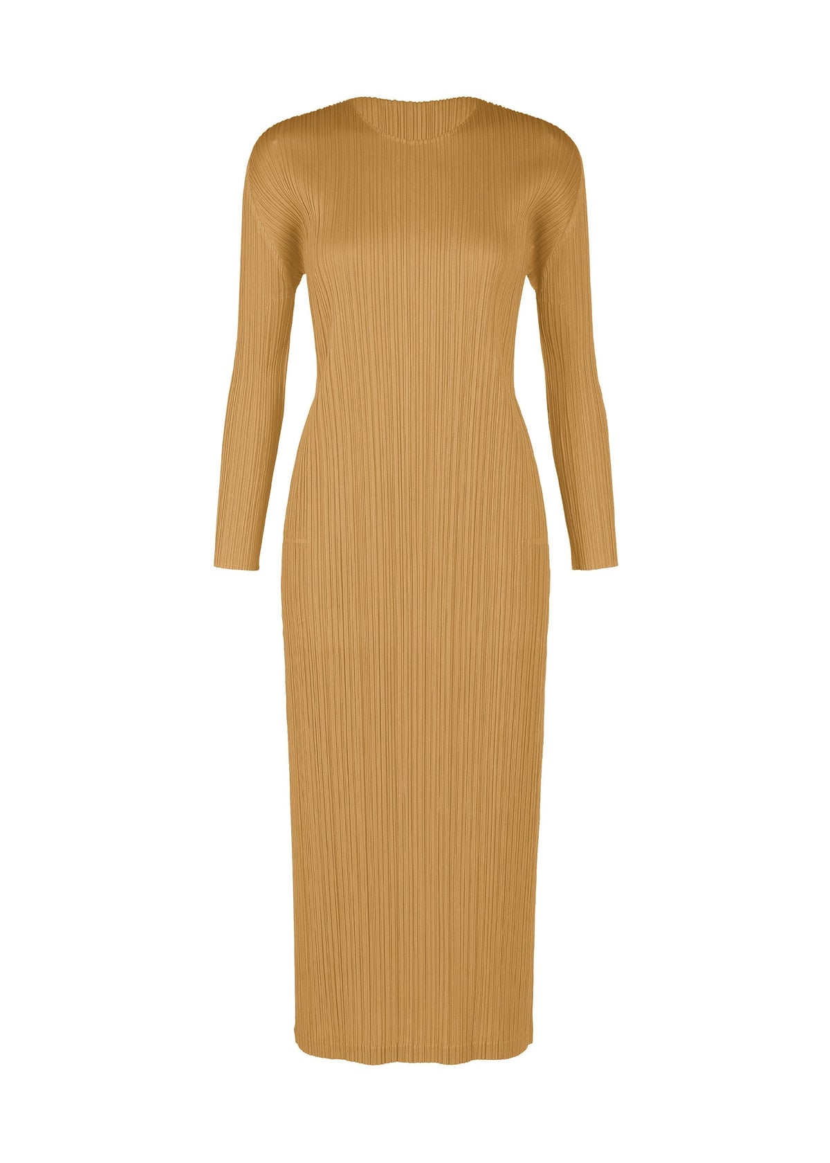 The MONTHLY COLORS : DECEMBER dress by PLEATS PLEASE ISSEY MIYAKE is a joyful, long-sleeved camel piece with a high neckline and pleated texture, creating a chic, ankle-length statement look. view 5 of 7