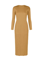 The MONTHLY COLORS : DECEMBER dress by PLEATS PLEASE ISSEY MIYAKE is a joyful, long-sleeved camel piece with a high neckline and pleated texture, creating a chic, ankle-length statement look. - YELLOW OCHER （no.55）