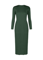 The MONTHLY COLORS : DECEMBER dress by PLEATS PLEASE ISSEY MIYAKE is a dark green, long-sleeved, ribbed piece with a fitted silhouette and high neckline, showcased against a plain white background. - FOREST GREEN （no.64）