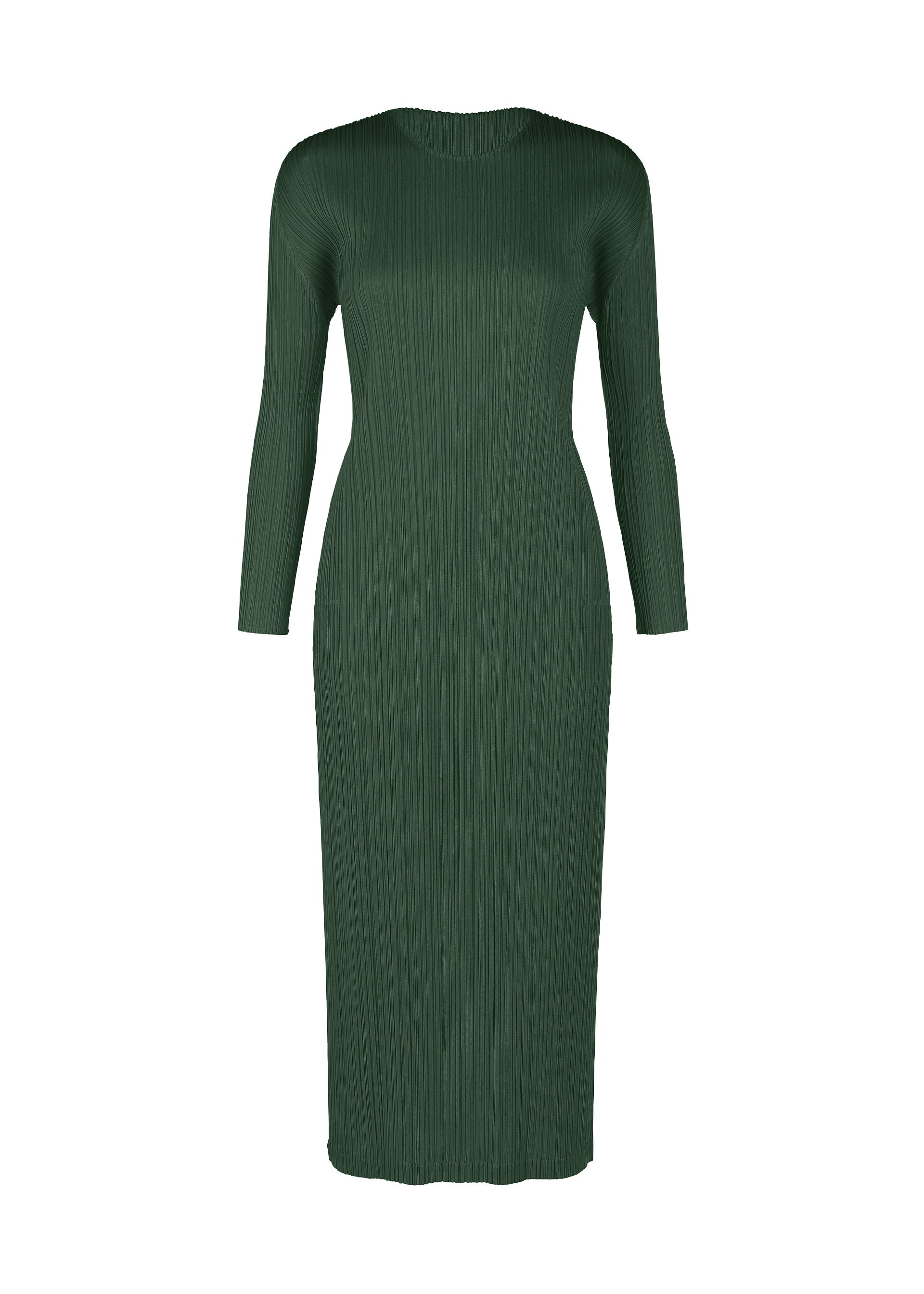 Zoomed view The MONTHLY COLORS : DECEMBER dress by PLEATS PLEASE ISSEY MIYAKE is a dark green, long-sleeved, ribbed piece with a fitted silhouette and high neckline, showcased against a plain white background. - FOREST GREEN （no.64）