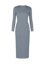 The MONTHLY COLORS : DECEMBER dress by PLEATS PLEASE ISSEY MIYAKE features long sleeves, ankle-length pleats, a fitted silhouette, and a round neckline in light grey, shown on a plain white background. - STEEL BLUE （no.74）