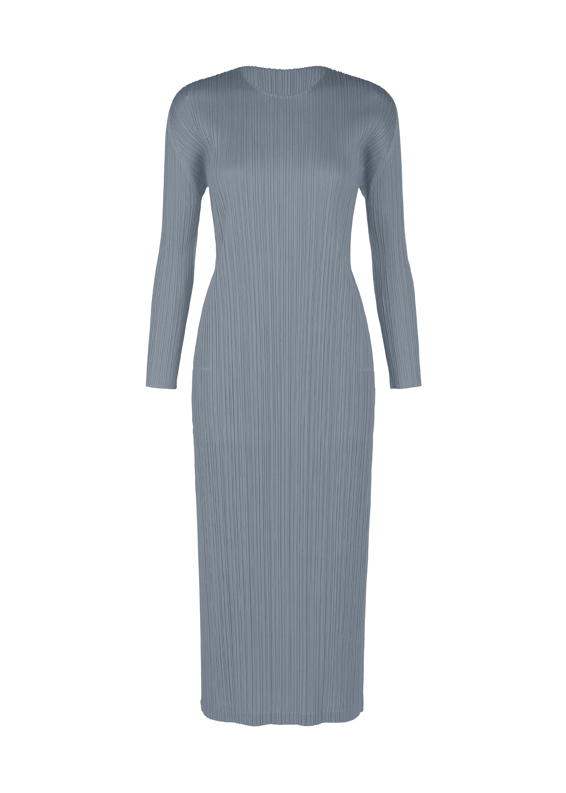 Zoomed view The MONTHLY COLORS : DECEMBER dress by PLEATS PLEASE ISSEY MIYAKE features long sleeves, ankle-length pleats, a fitted silhouette, and a round neckline in light grey, shown on a plain white background. - STEEL BLUE （no.74）